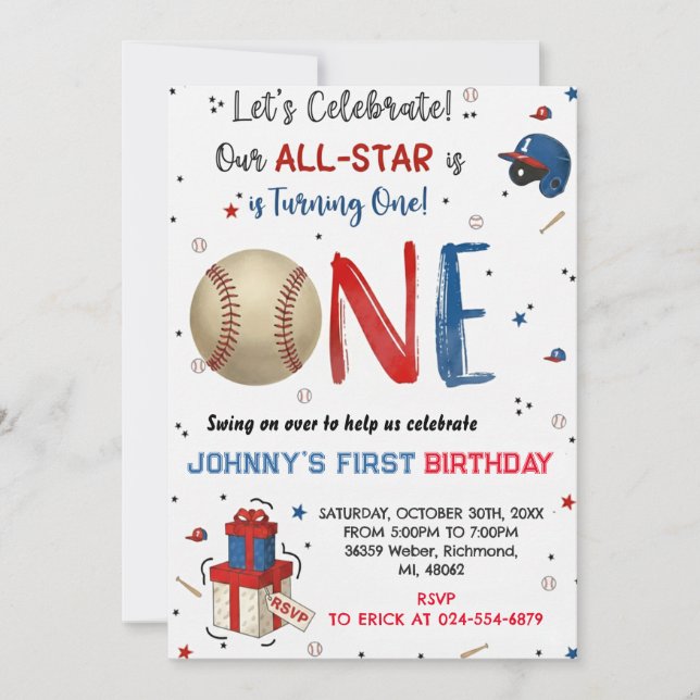 Convite Custom Baseball Birthday Party Invitation (Frente)