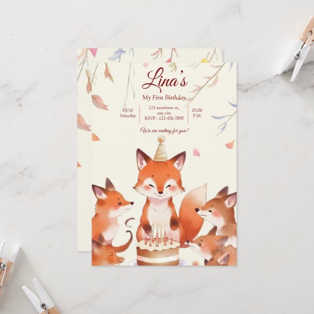 Convite Custom Birthday Invitation with Cute Foxes (Frente/Verso In Situ)