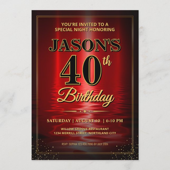 Convite Custom Birthday Invite, Elegant Red Black Gold  In (Frente)