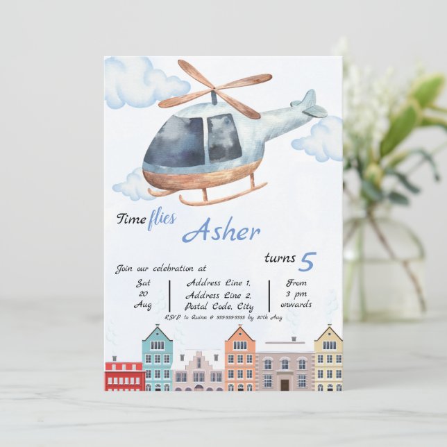 Convite Custom Blue Watercolor Helicopter Boys Birthday (Em pé/Frente)
