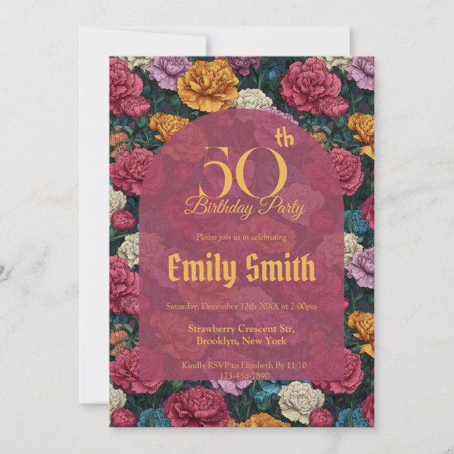 Convite Custom Carnation Petal 50Th Birthday (Frente)