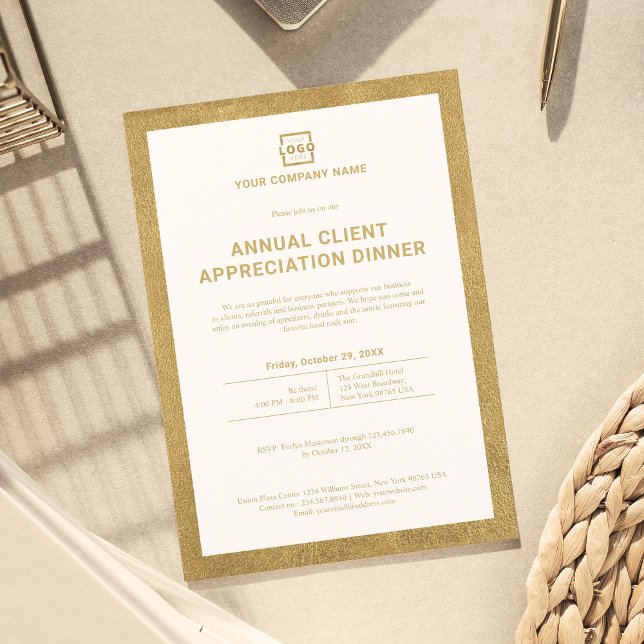 Convite Custom Company Business Corporate Event Party (Invite your guests with this gold invitation that has your custom logo and information.)