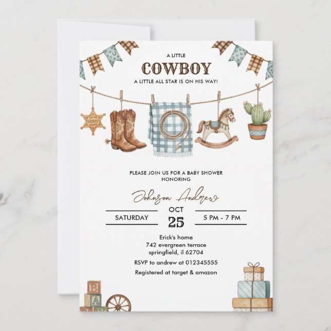 Convite Custom Cowboy Baby Shower Invitation (Frente)