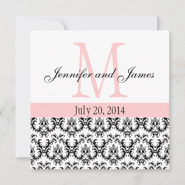 Convite Custom Damask Monogram Wedding Invitation Pink (Frente)