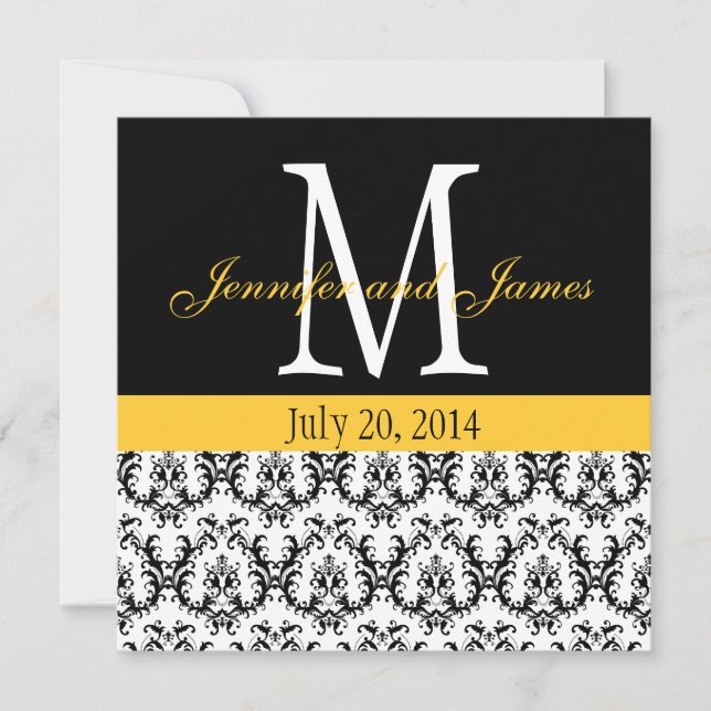 Convite Custom Damask Monogram Wedding Invitation Yellow (Frente)