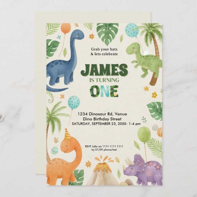 Convite Custom Dino Jungle 1st Birthday Invitation  (Frente/Verso)