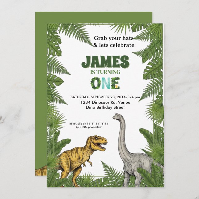 Convite Custom Dinosaur Jungle 1st Birthday Invitation (Frente/Verso)