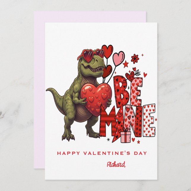 Convite Custom Dinosaur Valentine Card – T‑Rex Be Mine (Frente/Verso)