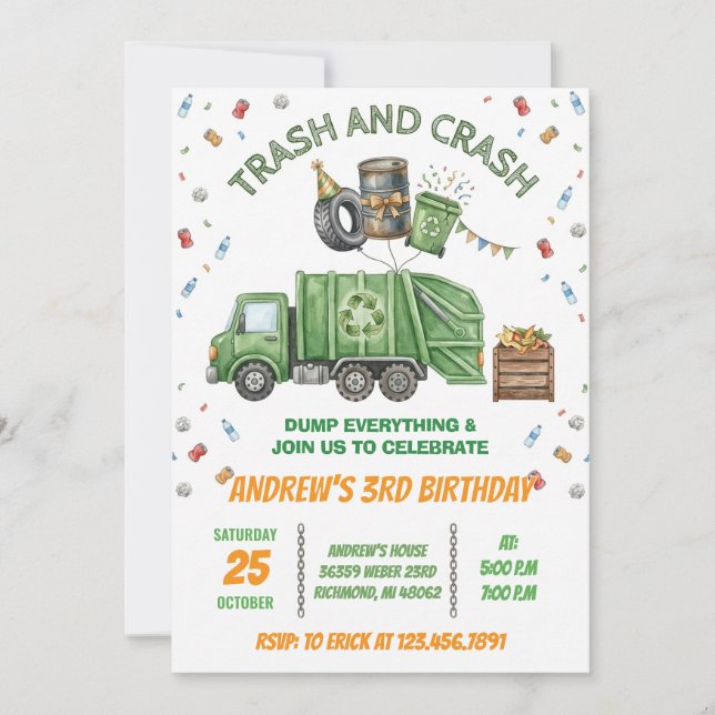 Convite Custom Dump Truck Trash Bash Birthday Invitation (Frente)