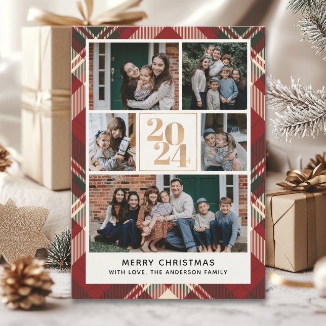 Convite Custom Family Christmas card with 5 Photos Tartan  (Criador carregado)