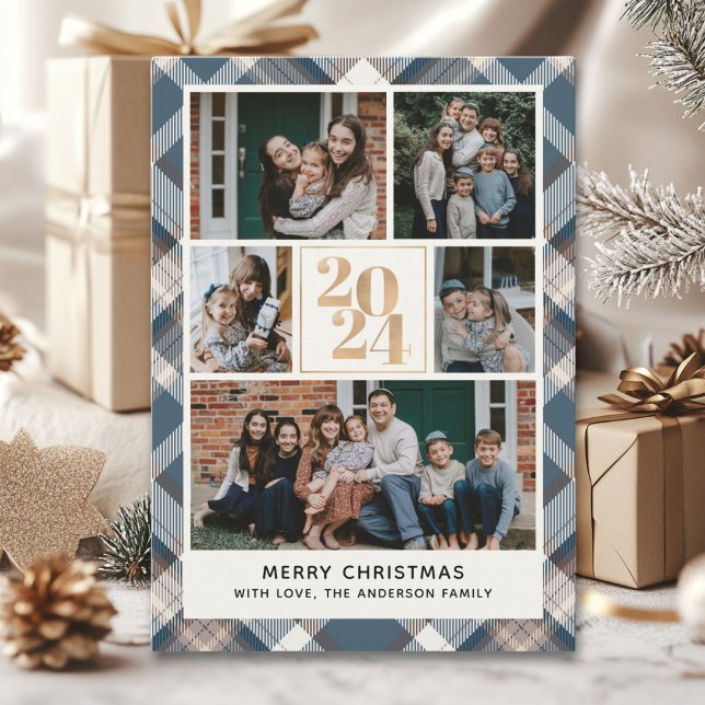 Convite Custom Family Christmas card with 5 Photos Tartan  (Criador carregado)