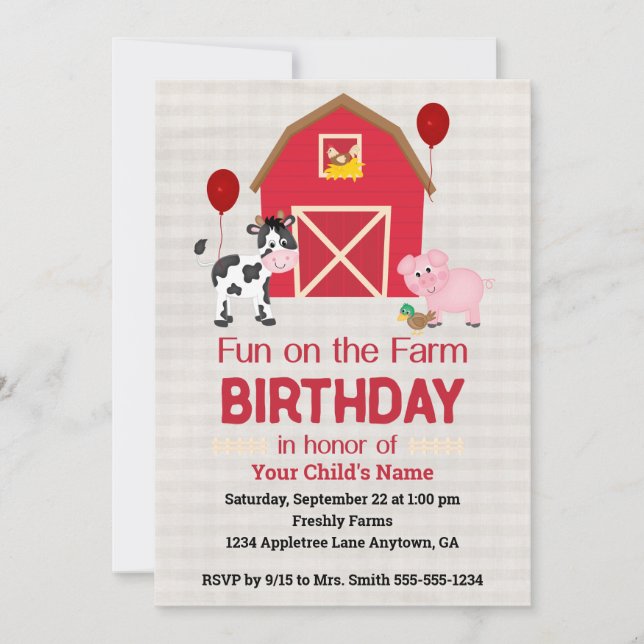 Convite Custom Fun on the Farm Birthday Gingham  (Frente)