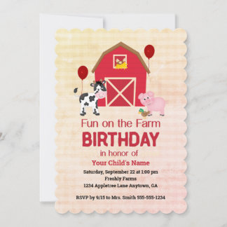 Convite Custom Fun on the Farm Child Birthday Gingham 