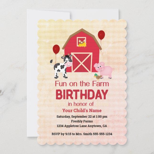 Convite Custom Fun on the Farm Child Birthday Gingham  (Frente)