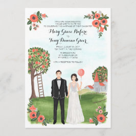 Convite Custom Illustrated Couple Portrait Farm Wedding