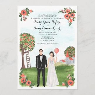Convite Custom Illustrated Couple Portrait Farm Wedding