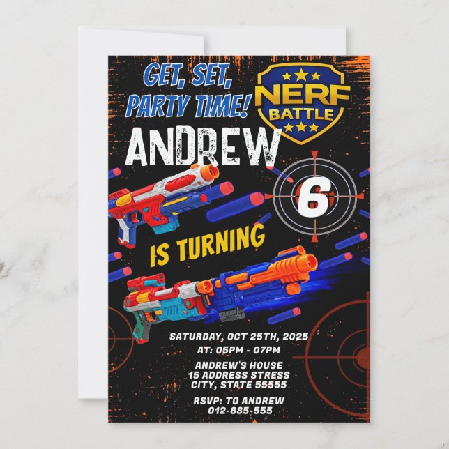 Convite Custom Kids Nerf Birthday Invitation (Frente)