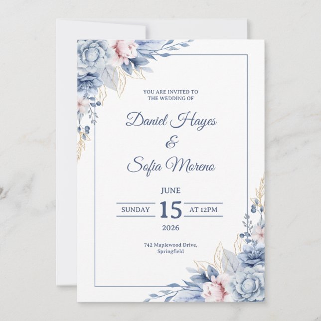 Convite Custom Modern Blue Wedding Invitation (Frente)