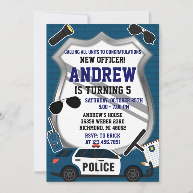 Convite Custom Modern Police Birthday Party Invitation (Frente)