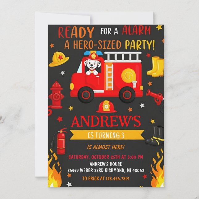 Convite Custom Modren Fire truck Birthday party (Frente)