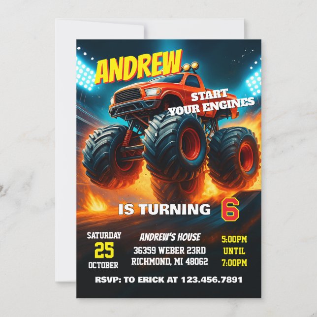 Convite Custom Monster Truck Cars Birthday Party  (Frente)