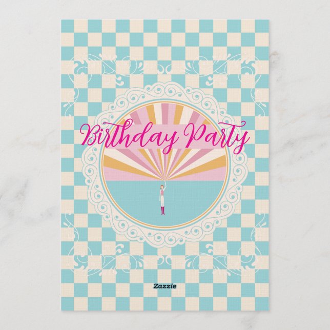 Convite Custom Pastel Blue Checkered Birthday Party (Verso)