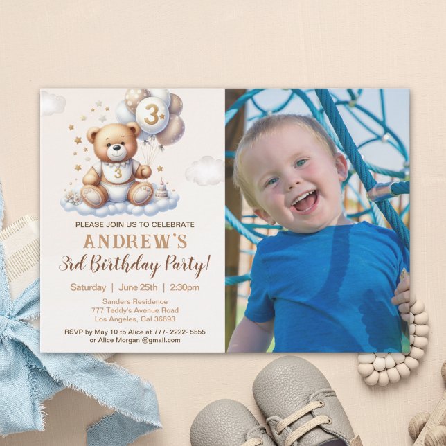 Convite Custom Photo 3rd Birthday Invite – Bear on a Cloud (Criador carregado)
