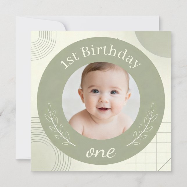 Convite Custom Photo First Birthday - Personalized Sage  (Frente)