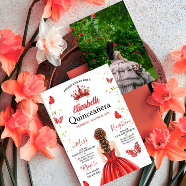 Convite Custom Photo Red Royal Quinceañera Invitation (Criador carregado)