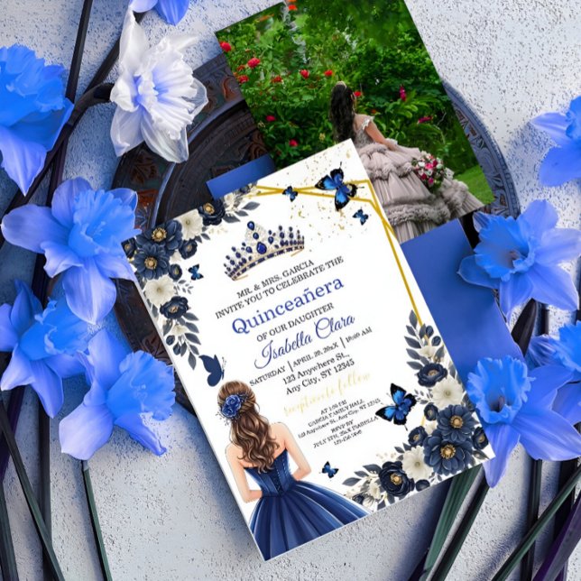 Convite Custom Photo Royal Blue Quinceañera Invite (Criador carregado)