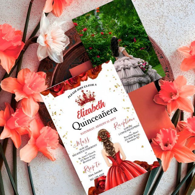 Convite Custom Photo Royal Red Rose Quinceañera Invite (Criador carregado)