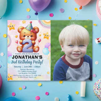 Convite “Custom Photo Teddy Bear 2nd Birthday | Watercolor