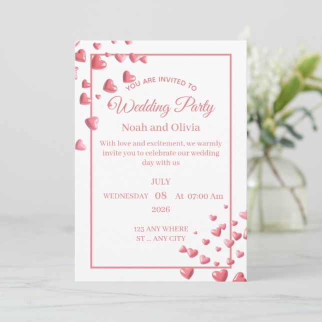 Convite Custom Pink Heart Wedding Invitation Card (Em pé/Frente)