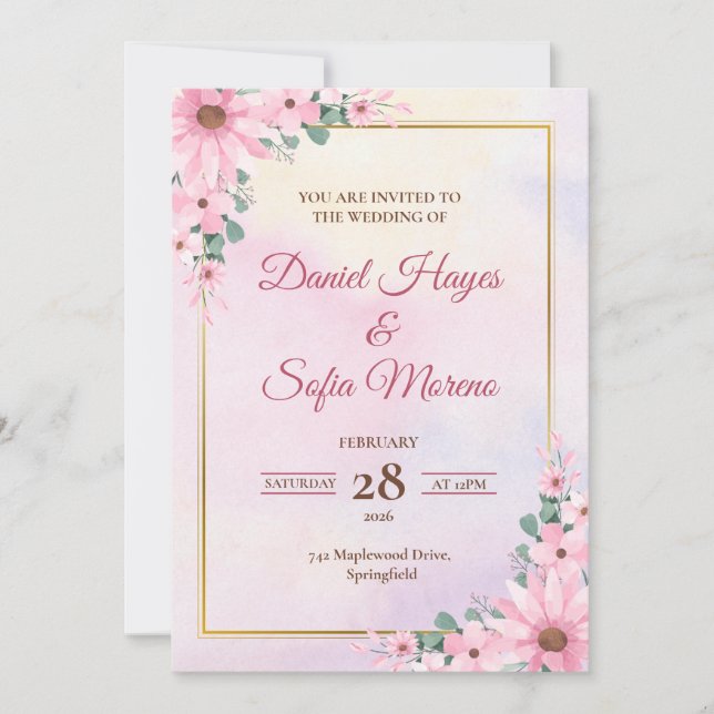 Convite Custom Pink Watercolor Wedding Invitation (Frente)