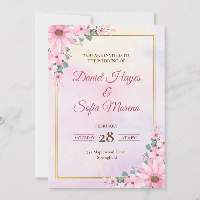 Convite Custom Pink Watercolor Wedding Invitation (Frente)