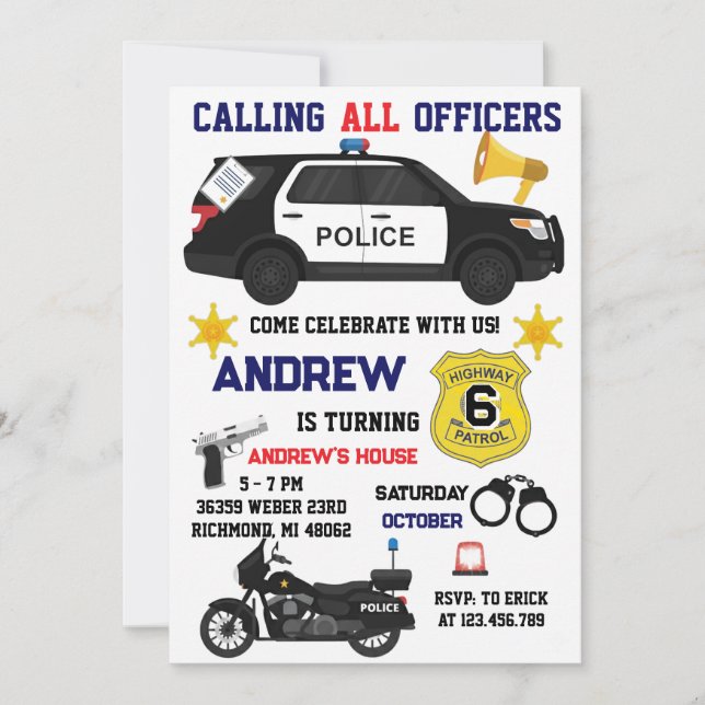 Convite Custom Police Birthday party for kid  (Frente)