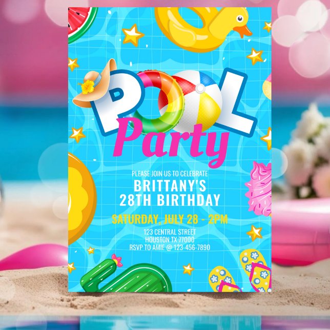 Convite Custom Pool Party Birthday Summer Birthday Party (Criador carregado)