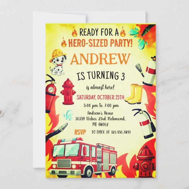 Convite Custom Red Fire Truck Birthday Party Invitations (Frente)