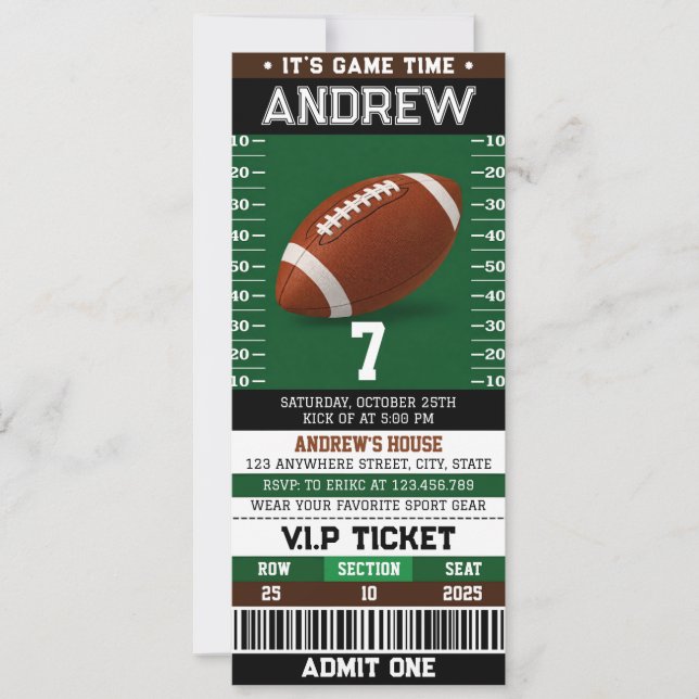 Convite Custom simple Football Ticket Birthday Invitation (Frente)
