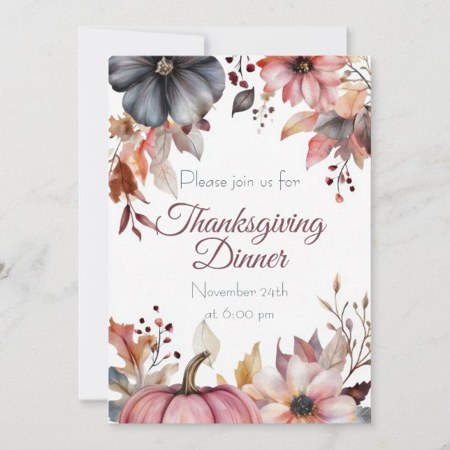 Convite Custom Thanksgiving Dinner Pumpkin and Flowers (Frente)