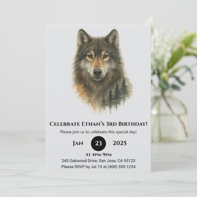 Convite Custom Watercolor Wolf Birthday  (Em pé/Frente)
