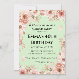 Convite Customisable Mint Green & Pink Floral Garden Party