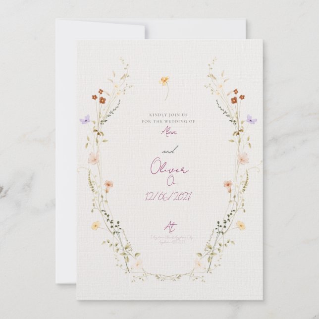 Convite Customisable Wedding Invitation with wild Flowers (Frente)
