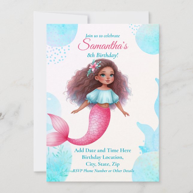 Convite Customizable African American Mermaid Party (Frente)