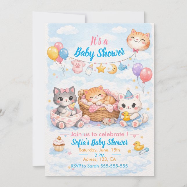 Convite Customizable Cat-themed Baby Shower Invitation (Frente)