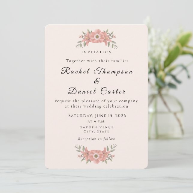 Convite Customized Blush Pink Garden Floral Wedding  (Em pé/Frente)