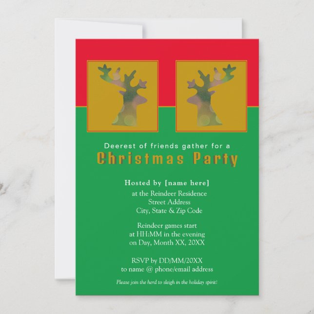 Convite Customized Reindeer Red Green Gold Christmas Party (Frente)