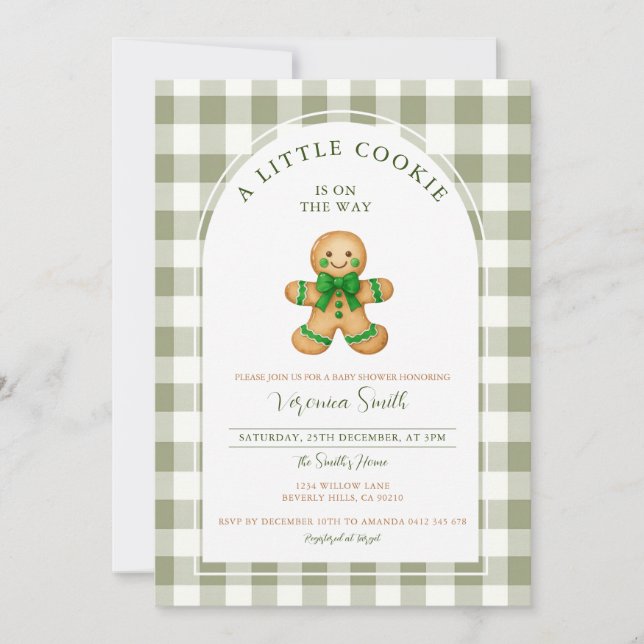 Convite Cute A little Cookie baby shower green gingham  (Frente)