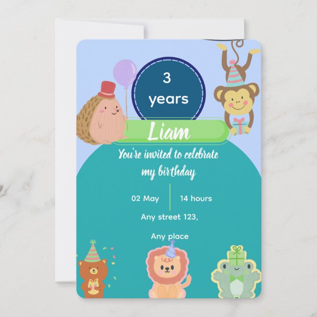 Convite Cute Animal 3rd Birthday for Boys Editable (Frente)