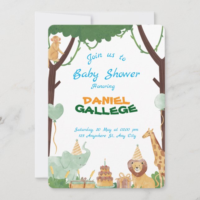 Convite Cute Animal Baby Shower Invitation – Jungle & Safa (Frente)